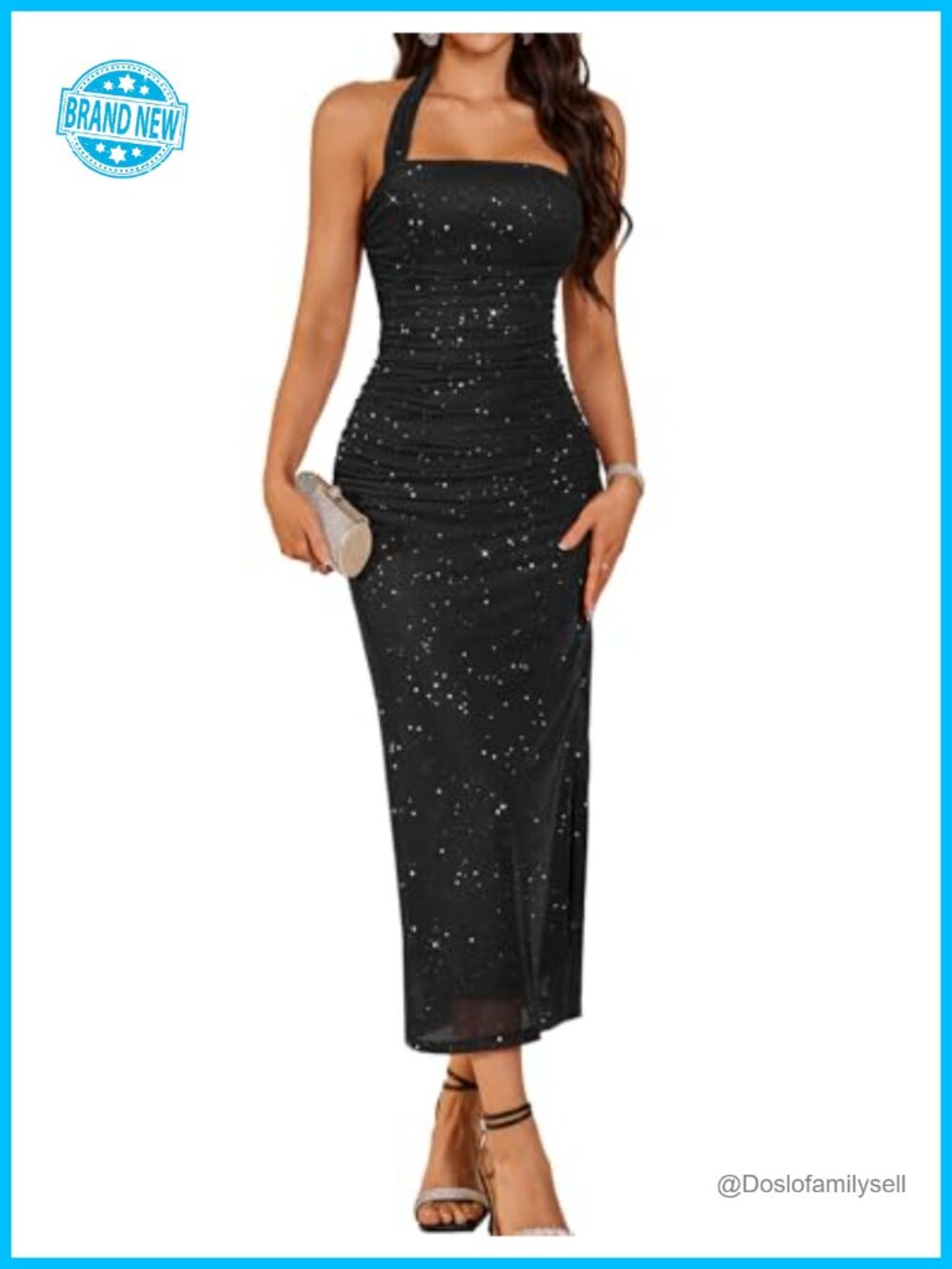 Sparkly Maxi Bodycon Halter Dress Backless Formal Wedding Guest